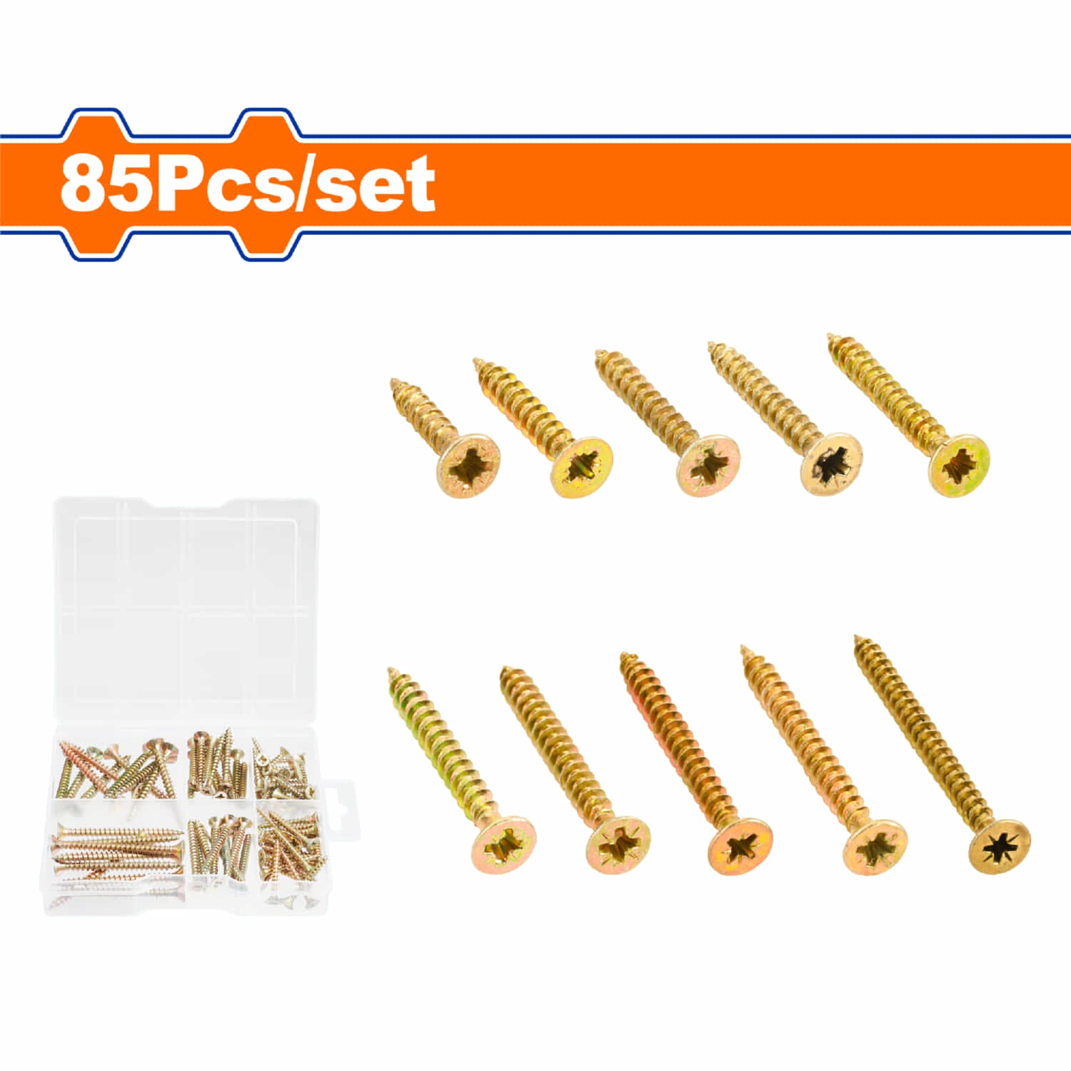 Tornillos para aglomerado 3.5x25mm (25), 4x30mm (20), 4x35mm (12), 4x40mm (10), 5x50mm (10), 5x60mm (8). Phillips, acero al carbono galvanizado. Set de 85 piezas surtidas. Madera comprimida.