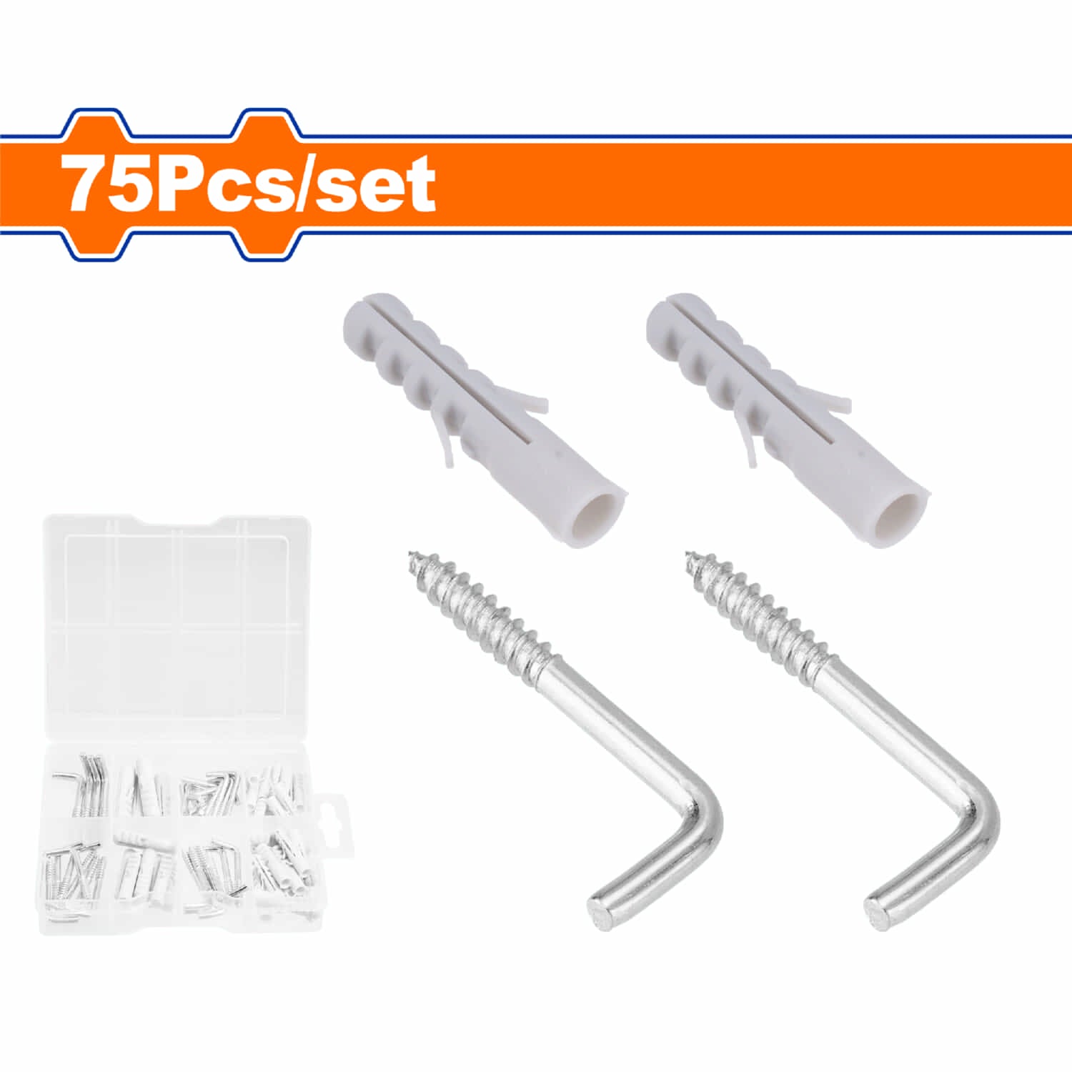Tornillos tipo L 3x30mm (15 pzas) 3.2x40mm (14 pzas) 3.8x50mm (4 pzas) y Anclajes de plástico. 5x25mm (18 pzas) 6x30mm (20 pzas) 8x40mm (4 pzas) Acero al Carbono Galvanizado. Set de 75 piezas.