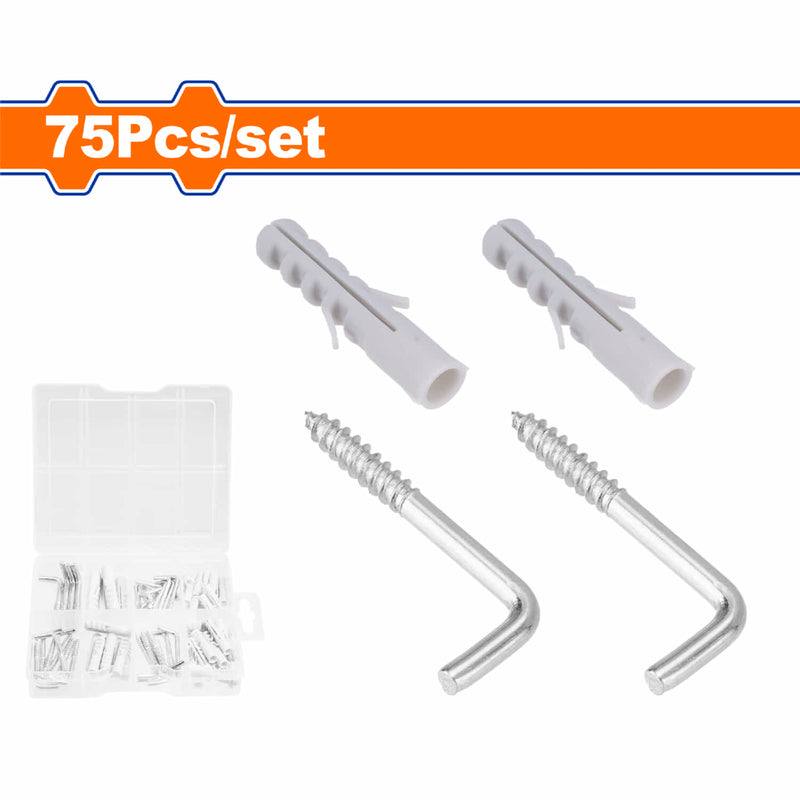 Tornillos tipo L 3x30mm (15 pzas) 3.2x40mm (14 pzas) 3.8x50mm (4 pzas) y Anclajes de plástico. 5x25mm (18 pzas) 6x30mm (20 pzas) 8x40mm (4 pzas) Acero al Carbono Galvanizado. Set de 75 piezas.