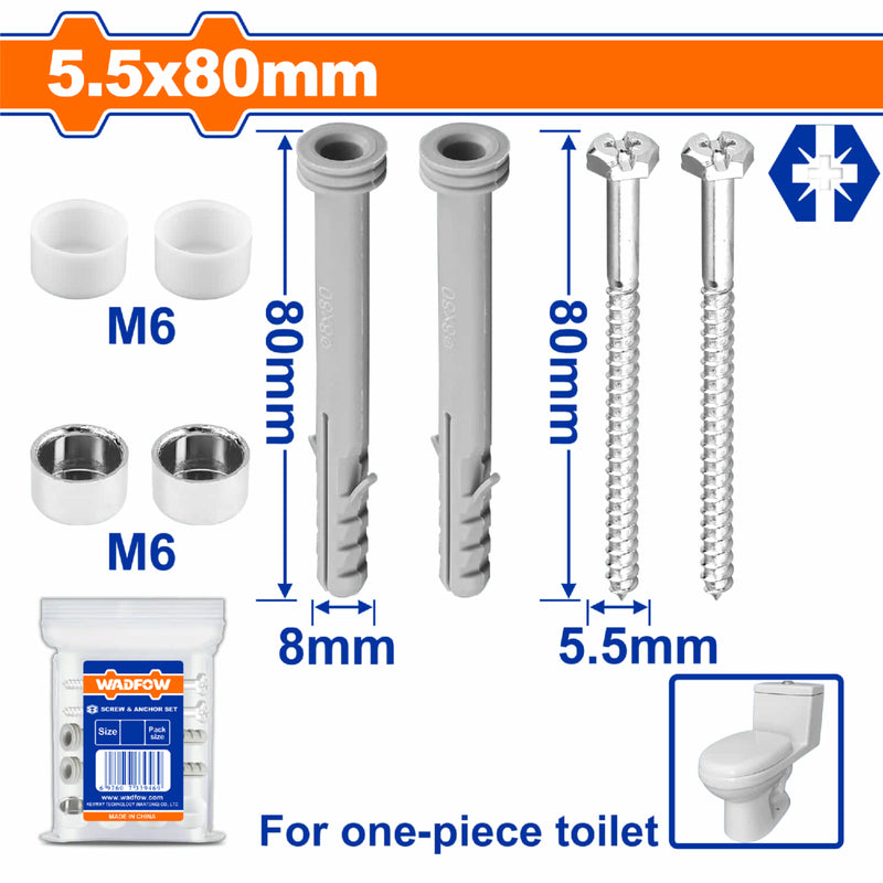 Tornillos DIN571 5.5x80mm para inodoro. Tacos de plástico 8x80mm y arandelas. Galvanizado. SET