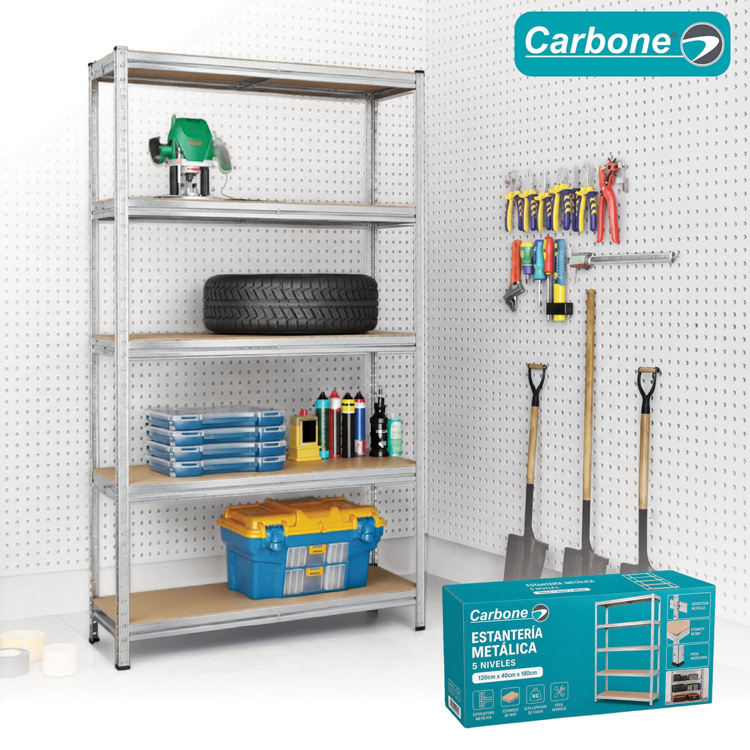 Estantería Metálica Galvanizada de 5 Repisas Ajustables (180x120x40cm). Estante Organizador de Acero con Capacidad de 175Kg por Nivel.