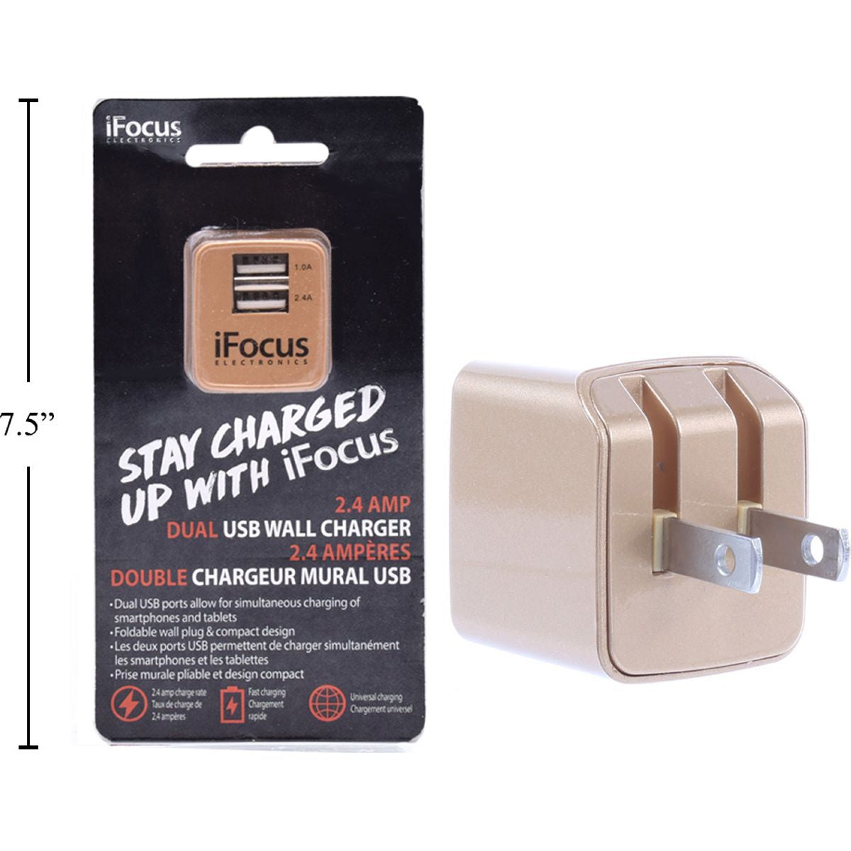iFocus, cargador de pared USB de dos puertos, 5V / 2.4A, dorado, b / c