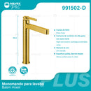 Llave De Lavamanos Individual. Color dorado. Grifo Para Lavamanos. Pluma Agua Fría Y Caliente. Altura De 30Cm. Garantía de por vida.