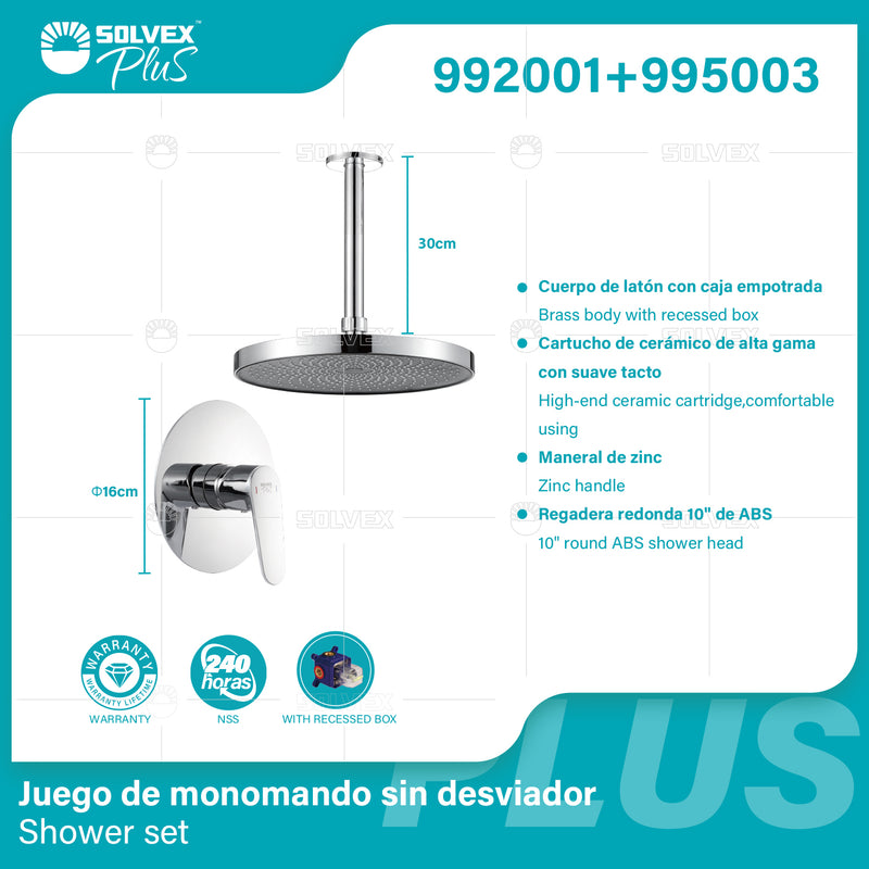 Ducha Para Empotrar. Juego de Mezcladora Monomando Con Regadera Redonda De 10”. Brazo Techo De 30 cm. Color Cromado. Garantía de por vida.