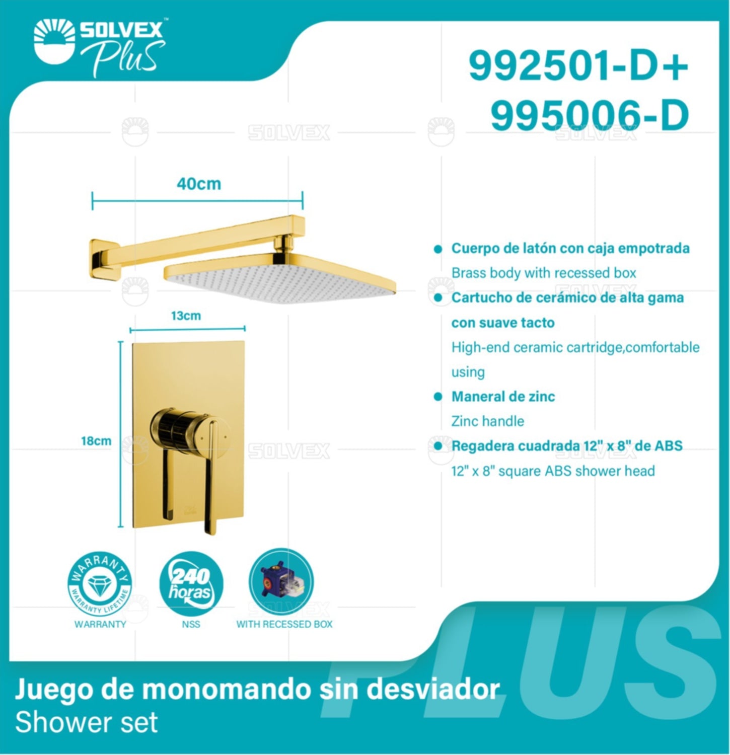 Ducha Empotrada Tipo Lluvia Cuadrada 12”x8”. Color Dorado. Regadera de ABS. Brazo de Acero Inoxidable. Garantía de por vida.