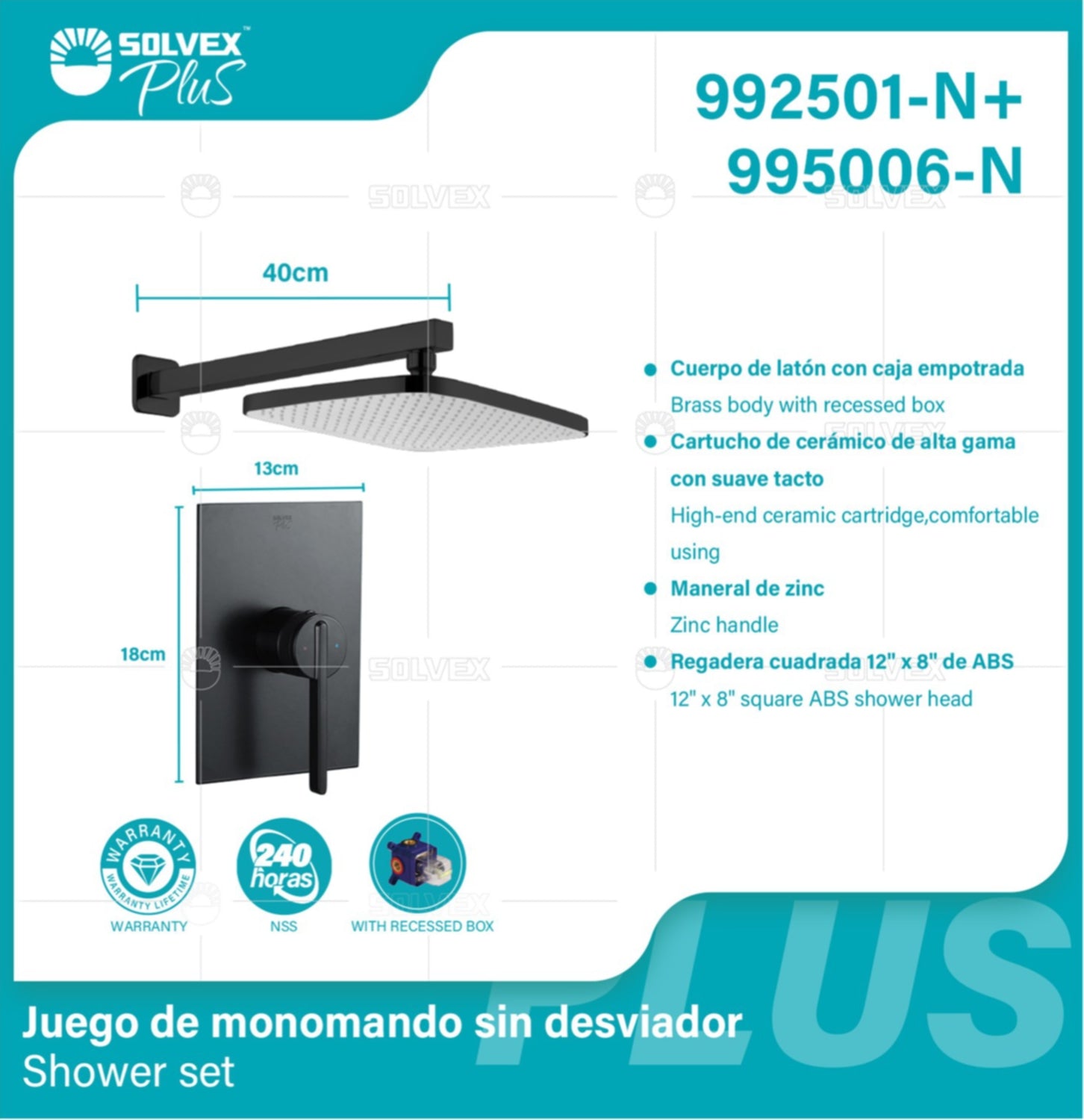 Ducha Empotrada Tipo Lluvia Cuadrada 12”x8”. Color Negro. Regadera de ABS. Brazo de Acero Inoxidable. Garantía de por vida.