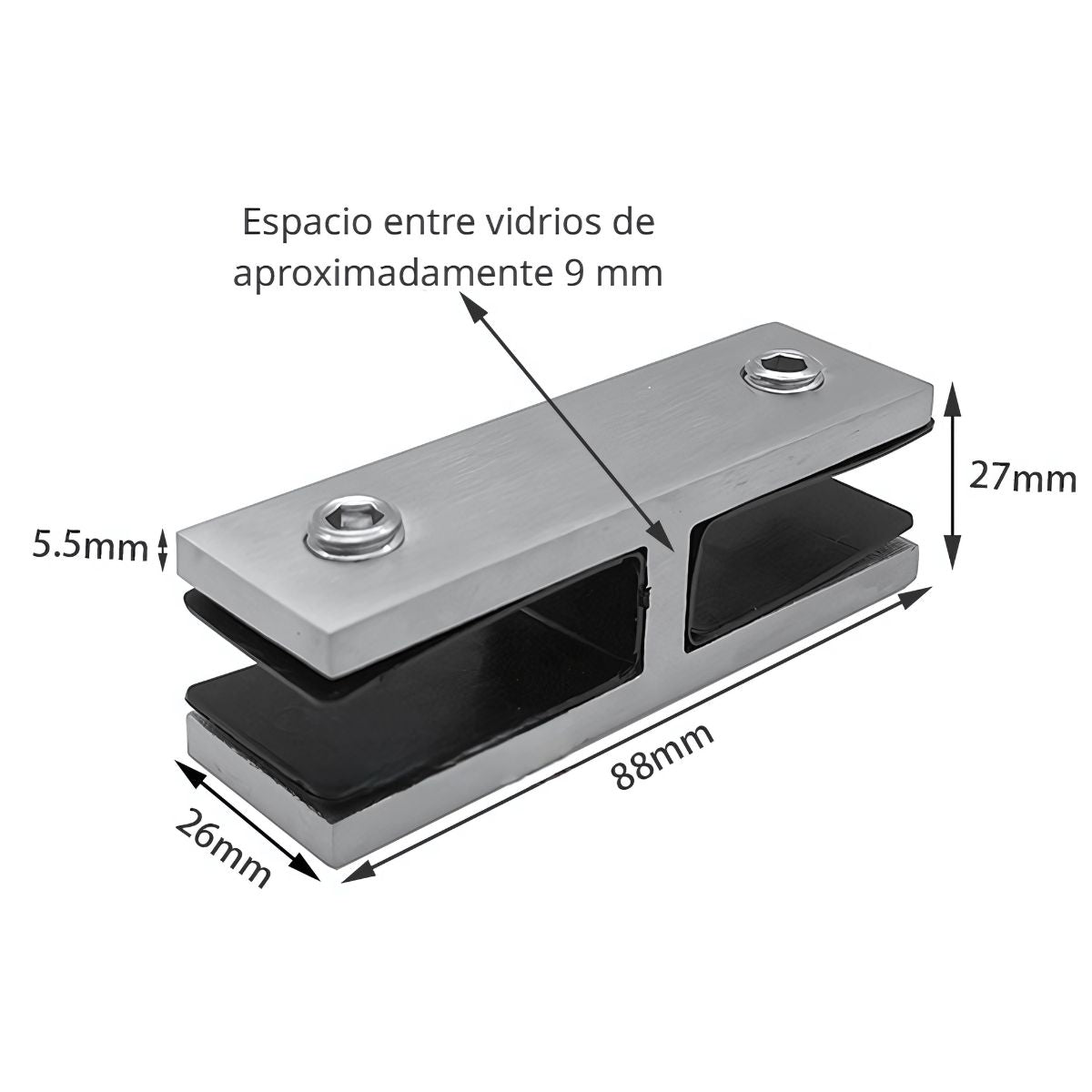 Conector Recto 180° para Vidrio. Acero Inoxidable 304 color Negro Reforzado. Para Cristales de 10 a 13.5 mm. Unión Doble de Vidrio en Línea.