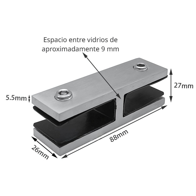 Conector Recto 180° para Vidrio. Acero Inoxidable 304 color Negro Reforzado. Para Cristales de 10 a 13.5 mm. Unión Doble de Vidrio en Línea.