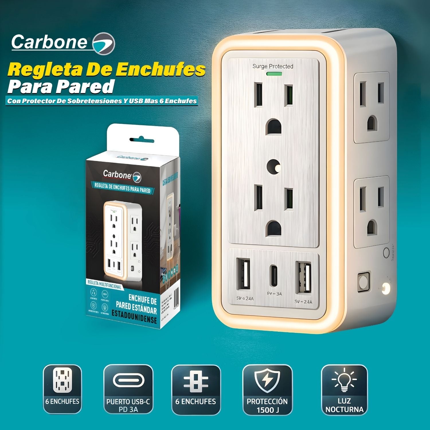 Regleta de Enchufes para Pared Carbone con Protector de Sobretensiones y USB mas 6 enchufes y lampara led touch