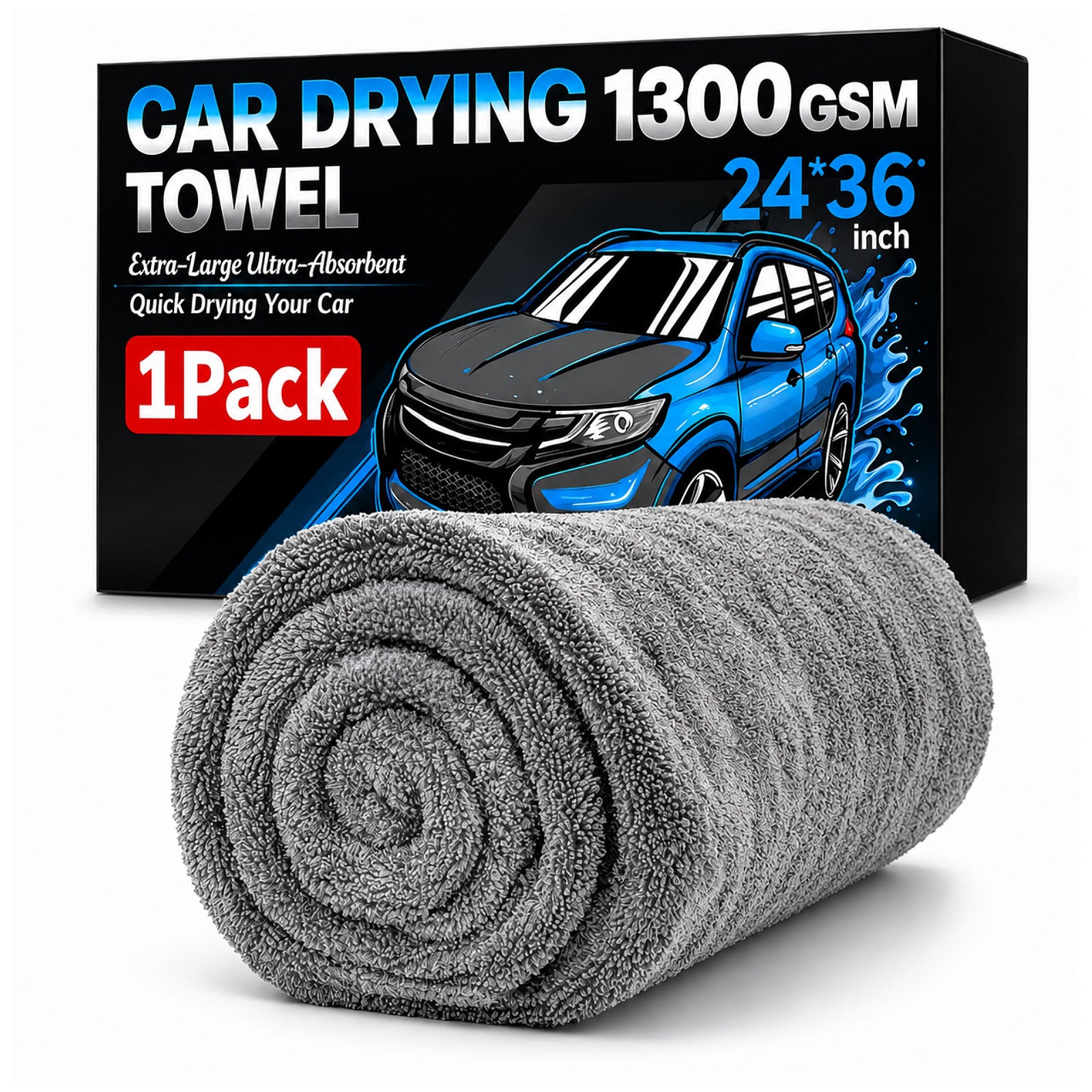 Toalla paño de Microfibra Ultra Absorbente para Secado de Autos Gruesa 1300 GSM. Paño de Secado Automotriz 60×90 cm (24×36"). Color gris.