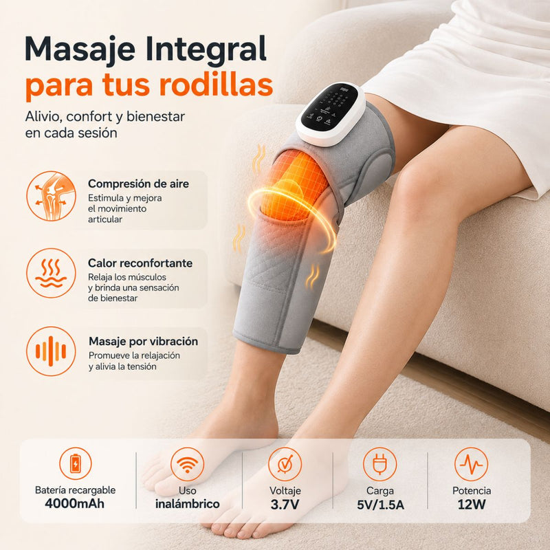 Masajeador de Rodilla con Compresión de Aire, Rodillera para Masaje por Vibración y Calor Envolvente, USB Recargable Batería 4000mAh. Color Gris.