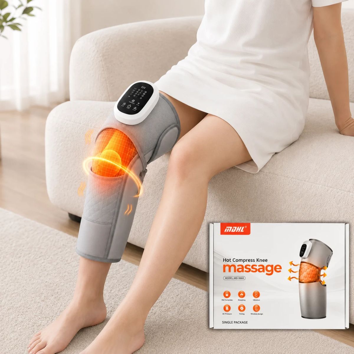 Masajeador de Rodilla con Compresión de Aire, Rodillera para Masaje por Vibración y Calor Envolvente, USB Recargable Batería 4000mAh. Color Gris.