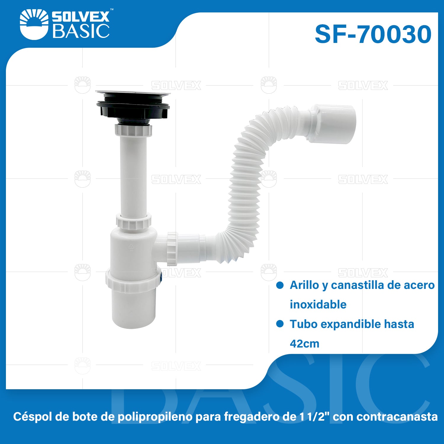 Trampa Sifón De Fregador 1 1/2". Desagüe Con Canastilla De Acero Inoxidable Y Tubo Extensible 42cm.