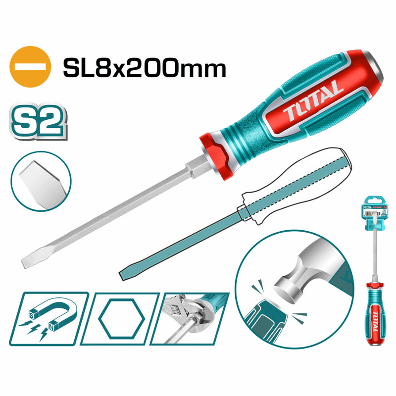 Destornillador Pasante Plano 8x200mm Material de la hoja: S2 Tipo de punta: Plana SL8 Magnético.