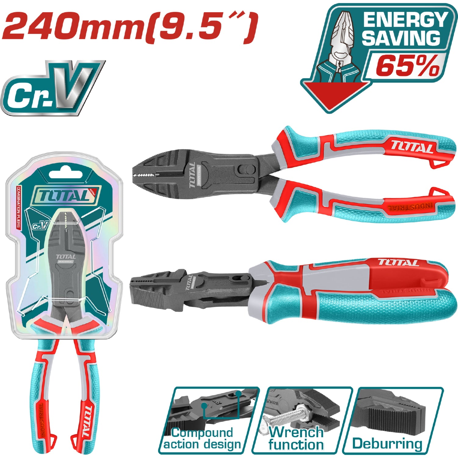 Alicate de combinacion acción compuesta 9.5"/240mm Cr-V. 65% ahorro de energía. Mango ergonómico