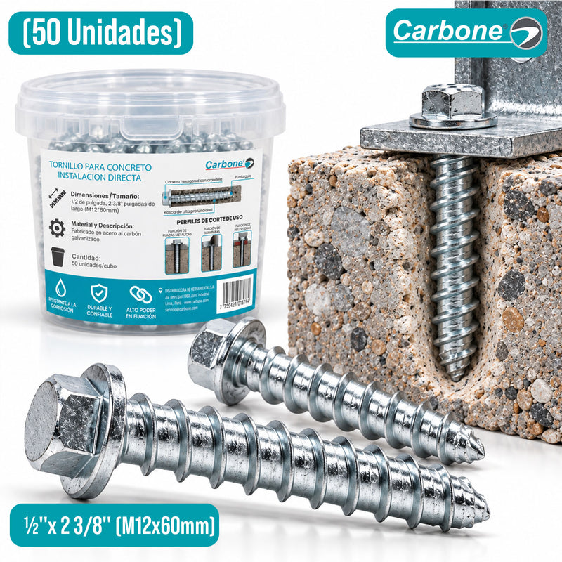 Tornillo Para Concreto De Instalación Directa ½"x 2 3/8" (50 Unds) Anclaje Para Hormigón Cabeza Hexagonal (M12x60mm)