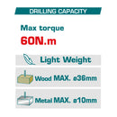 Drill Taladro Inalámbrico 16V 60N.m. 1/2" 2000 rpm Motor sin escobillas. Luz LED Incluye batería y cargador.