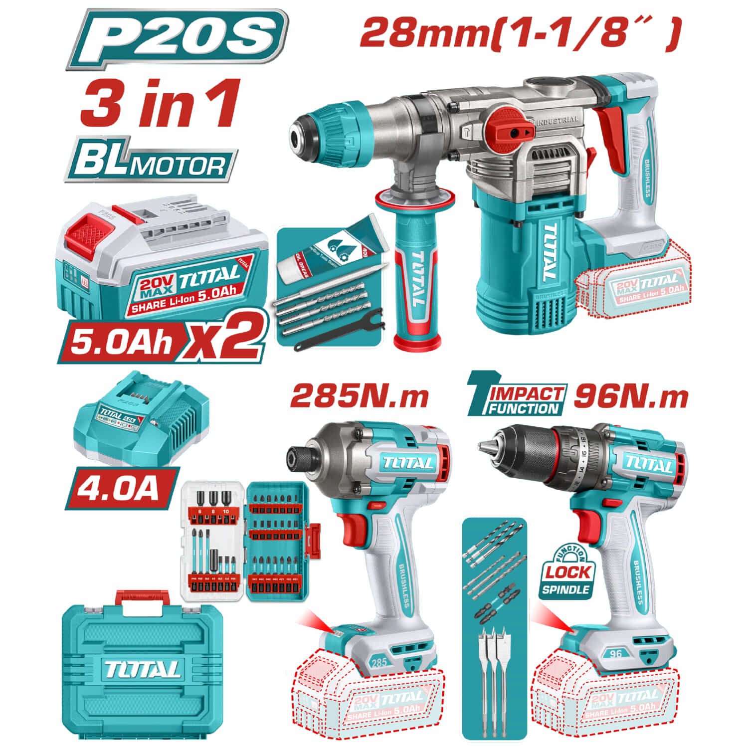 Combo del mes Total Inalámbrico. Martillo perforador 4.5 J, Taladro percutor 96 Nm Atornillador 6.35 mm Incluye cargador y baterías. POCAS UNIDADES.