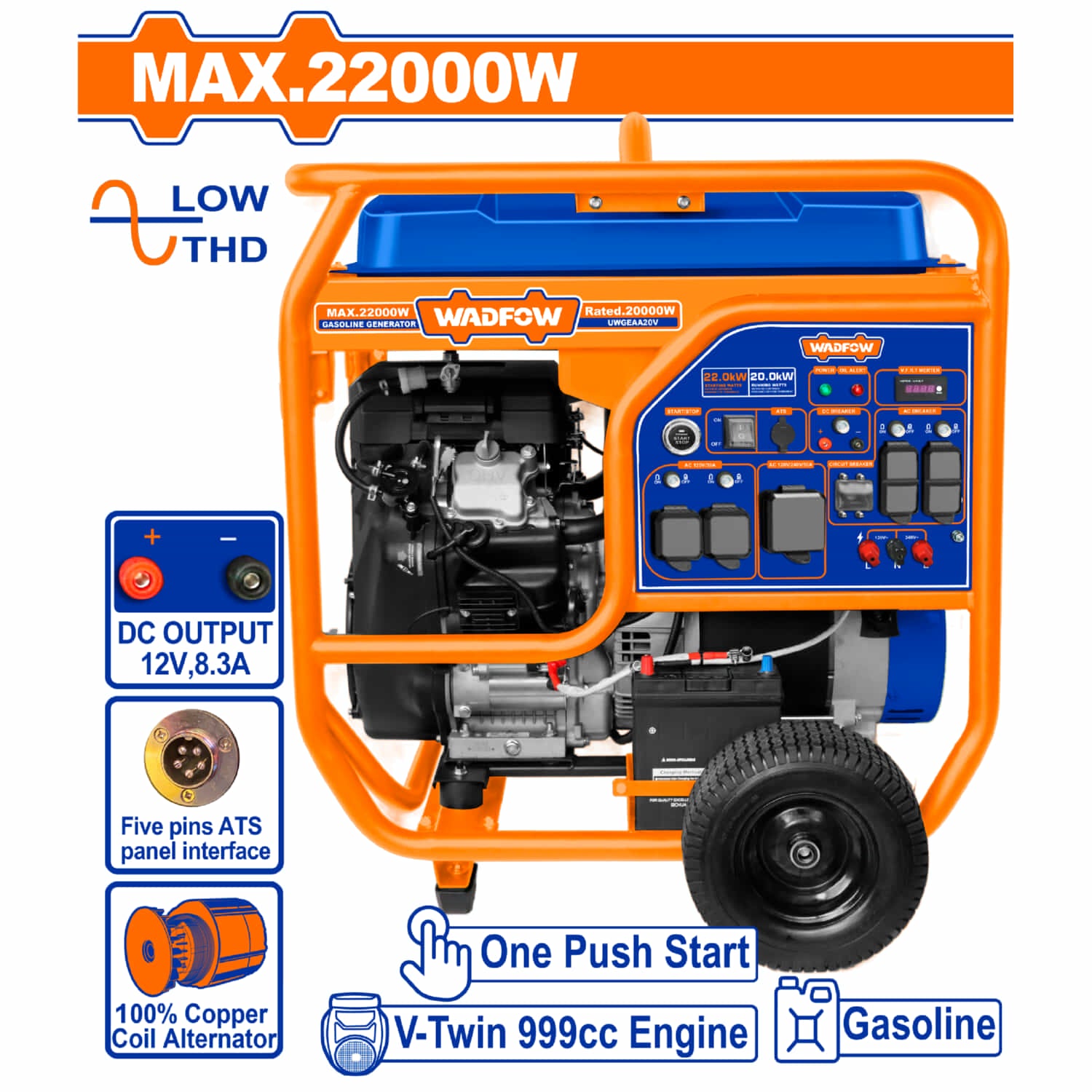 Generador A Gasolina 22,000W Poten Nom 20Kw 110-120/220-240 70L Motor V-Twin Encendido Con Botón. Planta