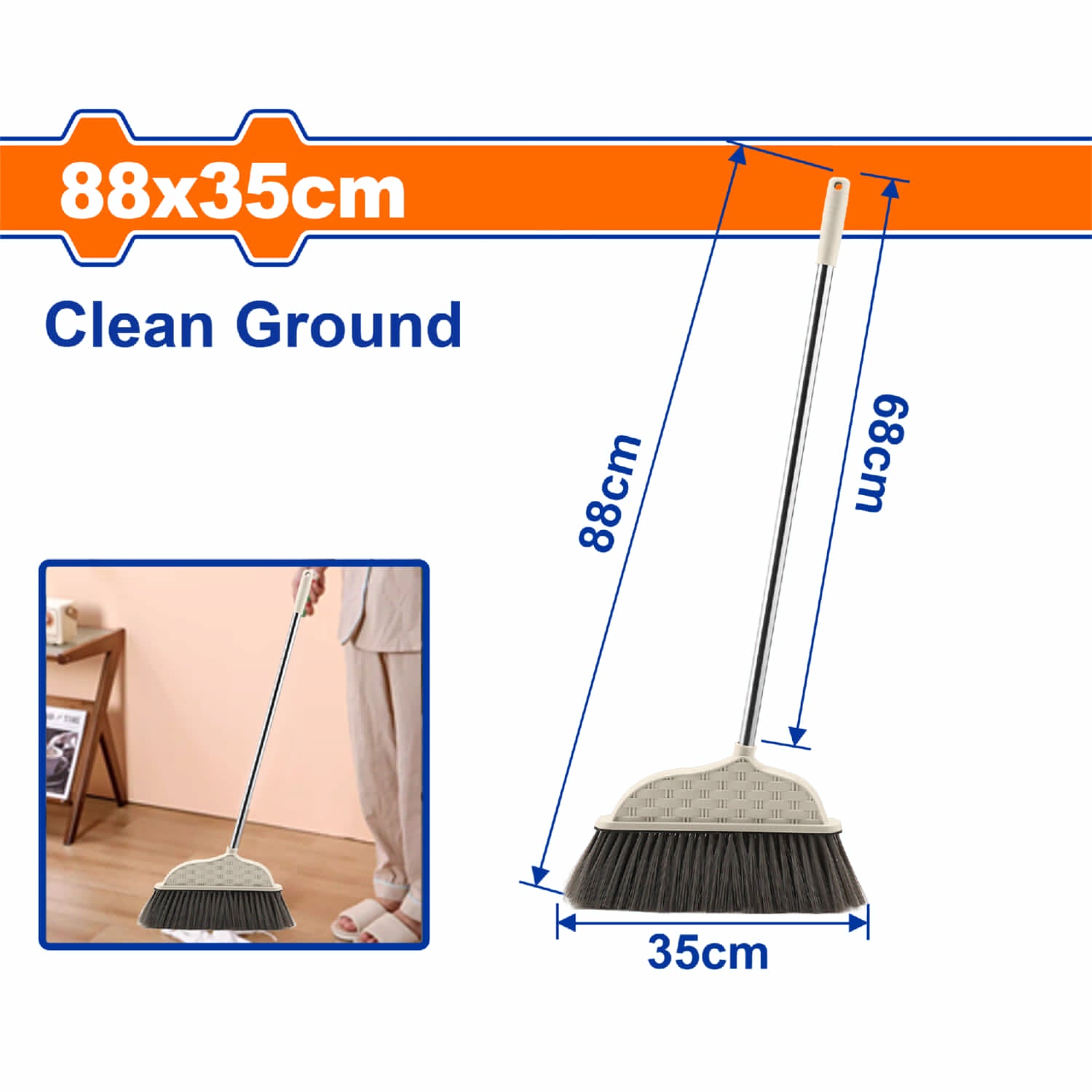 Escoba 88x35cm Tubo de Acero Inoxidable con mango de plástico. Ideal para limpieza de pisos.