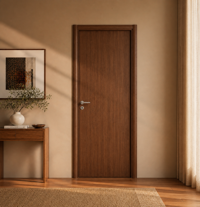 Puerta WPC 45mm madera interior Roble oscuro 85x215cm incluye marco completo y herrajes silver. Altisima calidad y resistencia