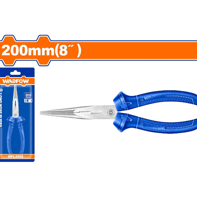 Alicate de punta larga 8"/200mm. Pulido y antióxido. Con mango de color.