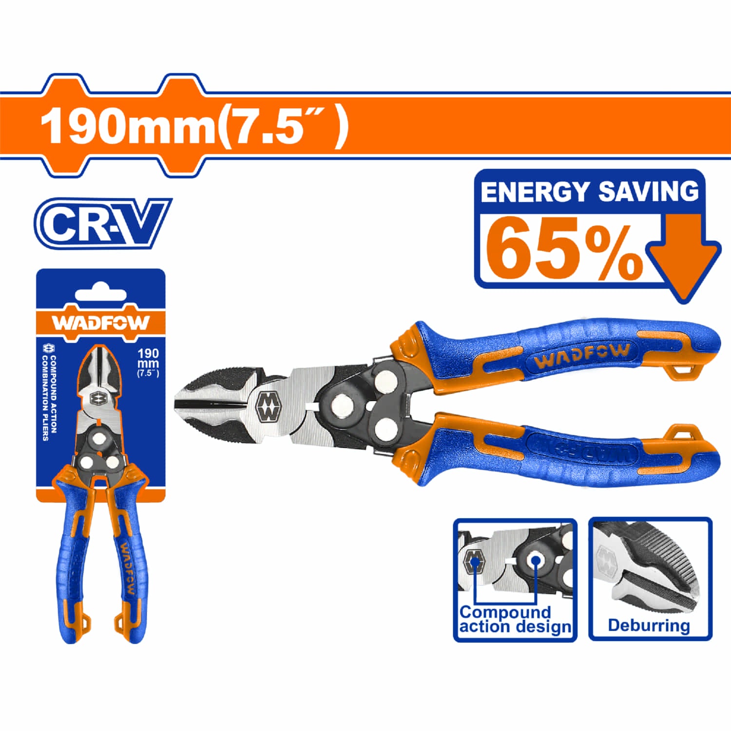 Alicate de corte diagonal de acción compuesta 7.5" Cr-V 65% de ahorro de energía. Mango ergonómico. Pinza
