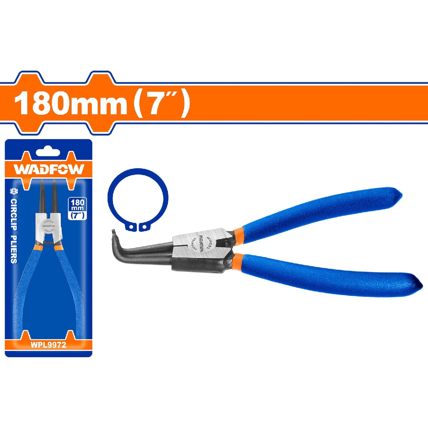 Alicate punta doblada 180mm(7") Incluye anillo de retención externo 1.8mm. Acero al carbono