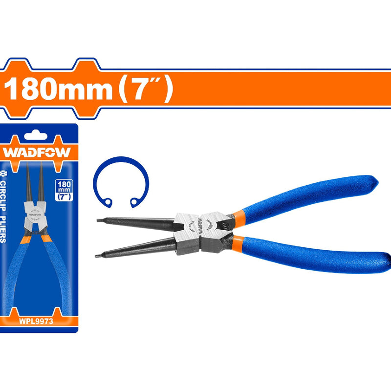 Alicate punta recta 180mm(7") Incluye anillo de retención interno 1.8mm. Acero al carbono.