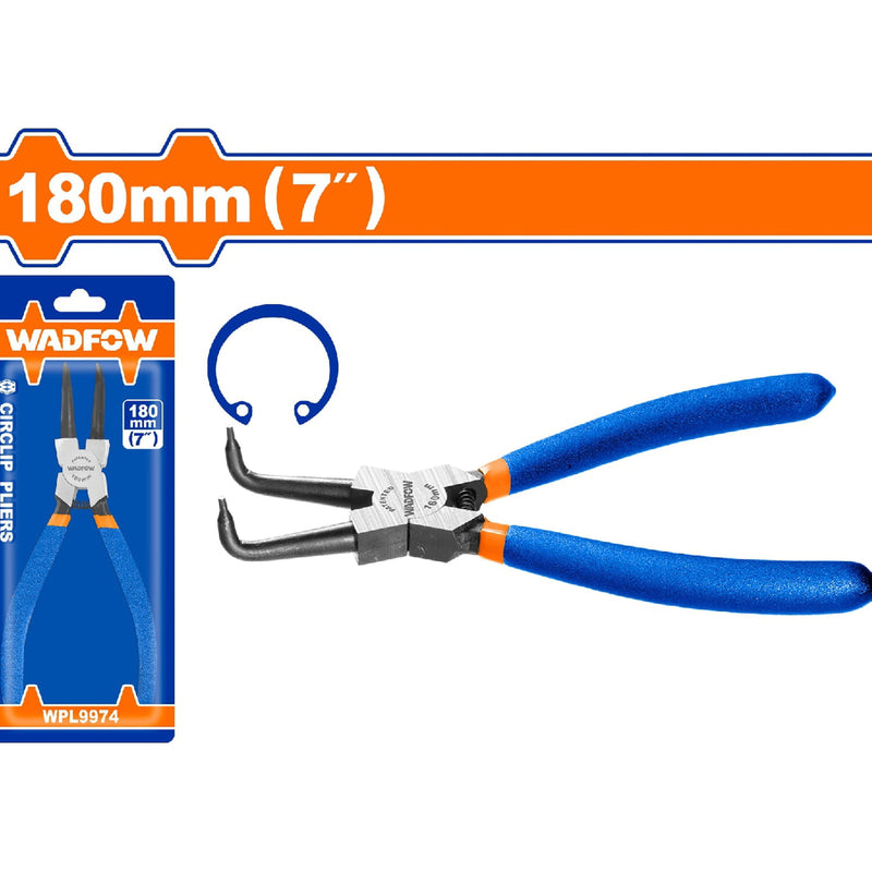 Alicate punta doblada 180mm(7") Incluye anillo de retención interno 1.8mm. Acero al carbono.