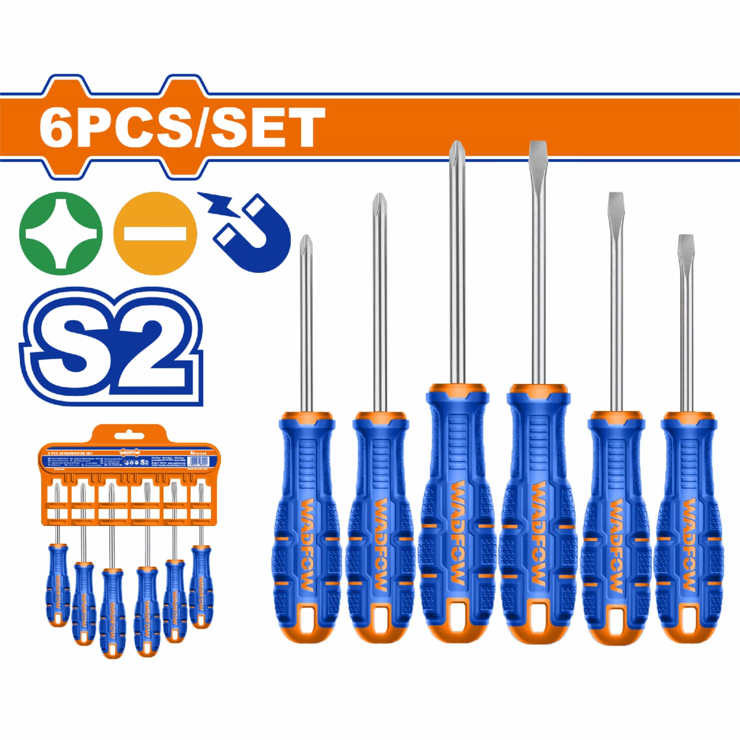 Destornilladores Punta Plana (SL5.5 SL6.5) y Punta Estrella (PH1 PH2) Mango ergonómico. Magnético. Set 6 piezas.
