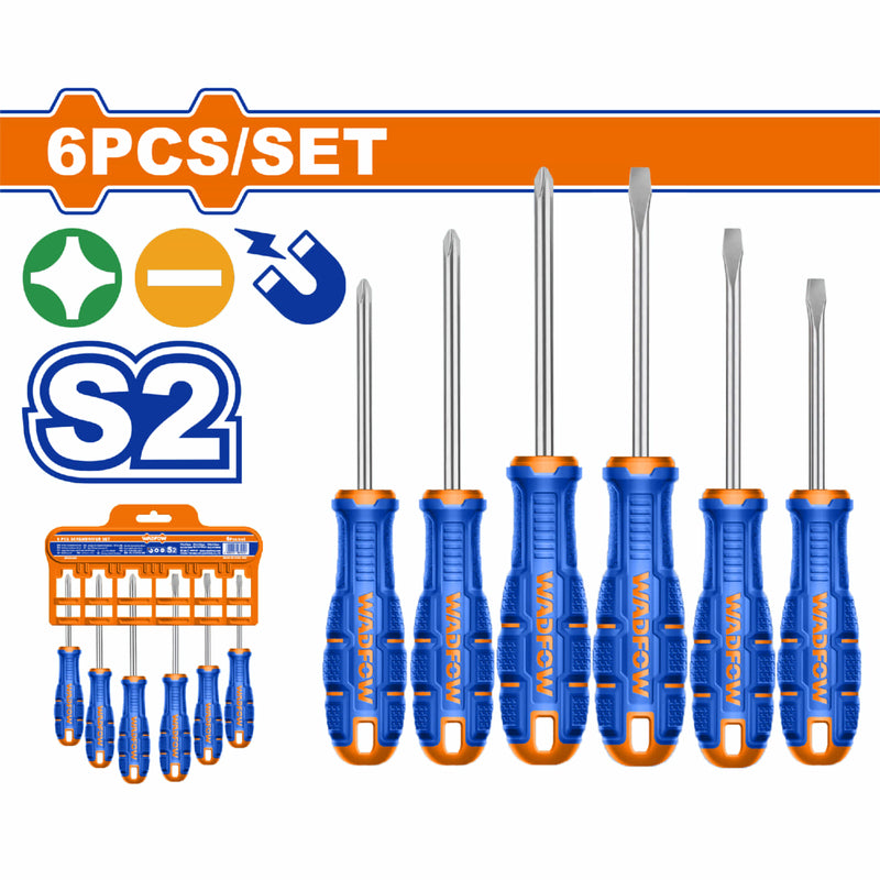 Destornilladores Punta Plana (SL5.5 SL6.5) y Punta Estrella (PH1 PH2) Mango ergonómico. Magnético. Set 6 piezas.