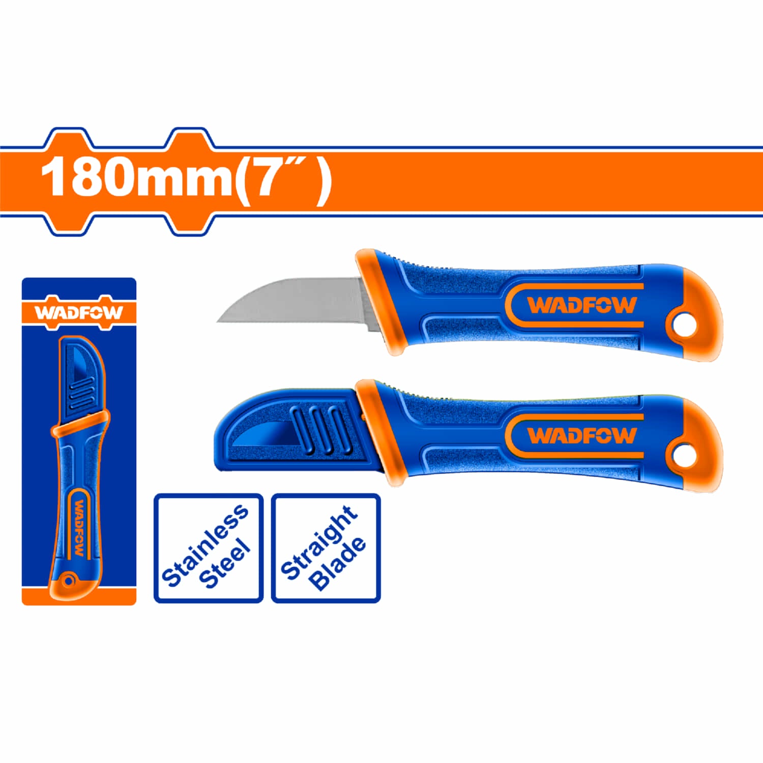 Cuchillo Pelacables Recto 7" de Acero Inoxidable. Con mango ergonómico de plastico. Superficie arenada. Con cubierta protectora. Navaja