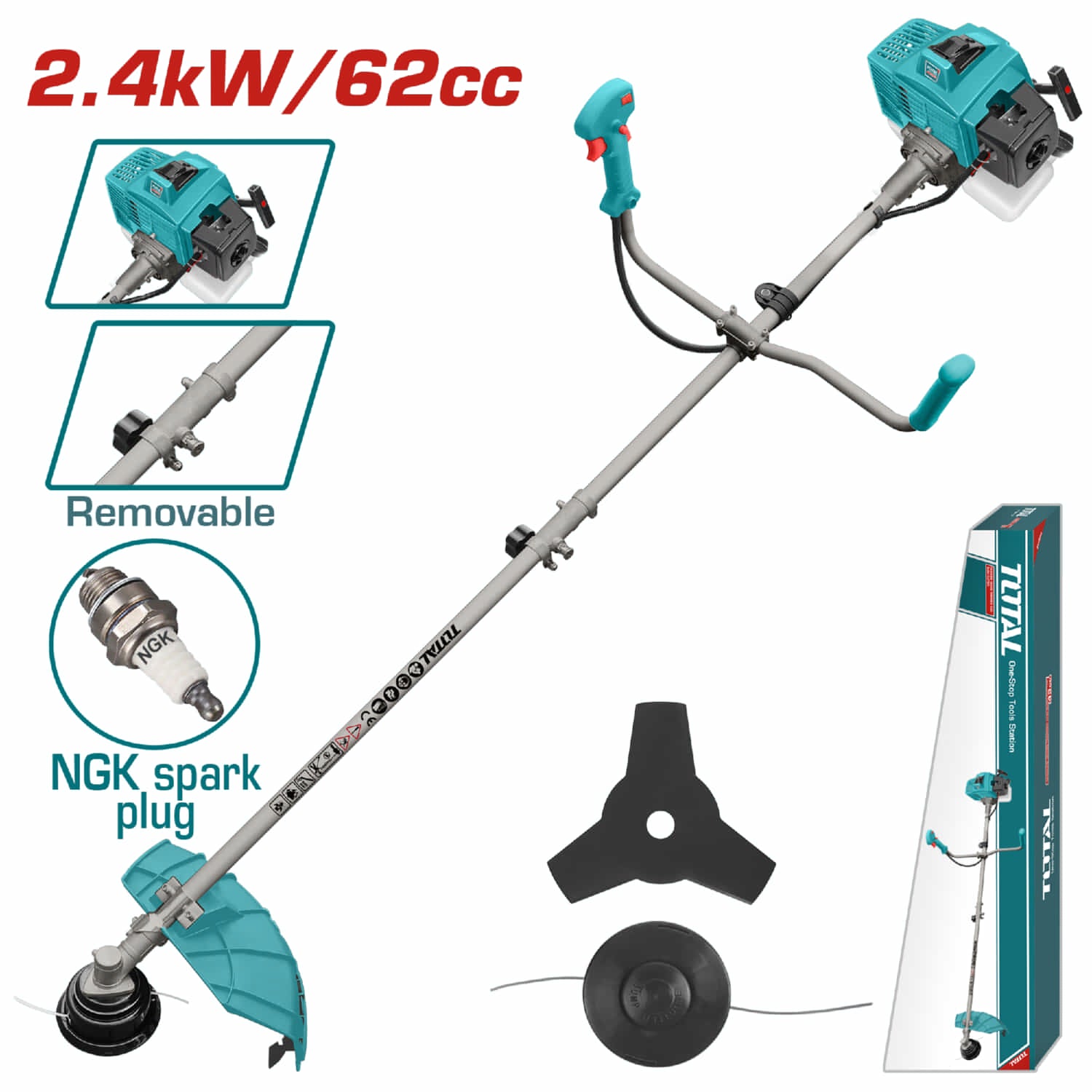 Desmalezadora grande. Motor 2 tiempos a gasolina 2.4KW (3.8HP) 62cc. Desbrozadora.