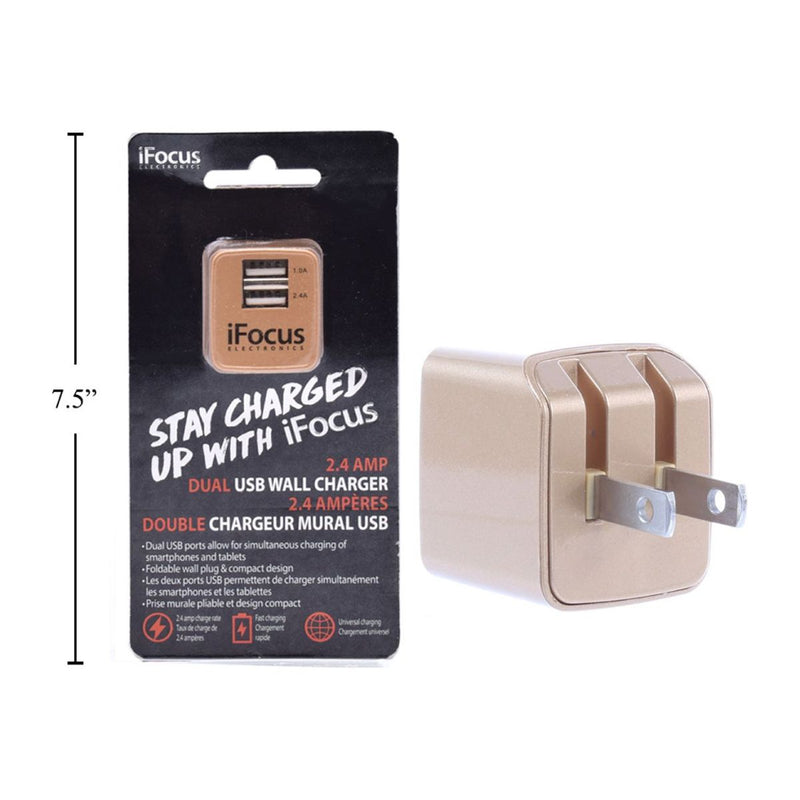 iFocus, cargador de pared USB de dos puertos, 5V / 2.4A, dorado, b / c