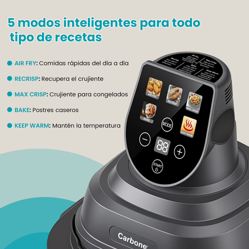 Freidora de Aire de Vidrio 1500W 110V con Doble Recipiente 4L + 1.5L Y 2 Tapas.  Airfrier Transparente en Borosilicato Para Asar, Hornear Y Freír Sin Aceite