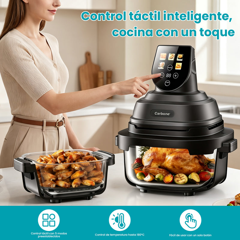 Freidora de Aire de Vidrio 1500W 110V con Doble Recipiente 4L + 1.5L Y 2 Tapas.  Airfrier Transparente en Borosilicato Para Asar, Hornear Y Freír Sin Aceite
