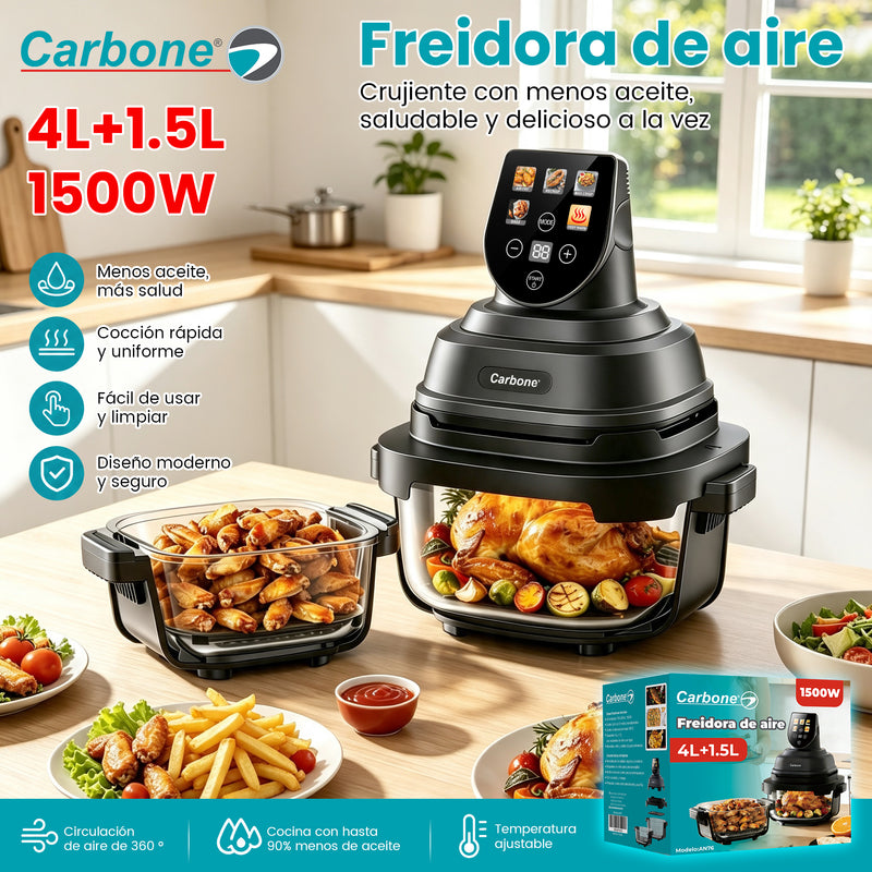 Freidora de Aire de Vidrio 1500W 110V con Doble Recipiente 4L + 1.5L Y 2 Tapas.  Airfrier Transparente en Borosilicato Para Asar, Hornear Y Freír Sin Aceite