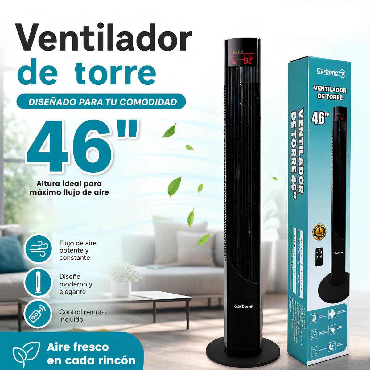Abanico de Torre Negro 46" 45-55W 110V con Pantalla LED y Control Remoto. Ventilador de 3 Velocidades y Oscilación 90° con Temporizador.(117cm)