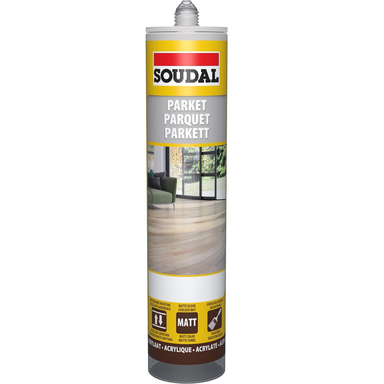 Sellador acrílico para madera, color gris oscuro. Soudal, 290 ml