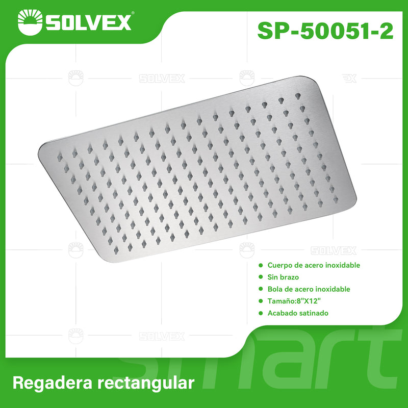 Regadera para Ducha Rectangular 8"x12" Satinada. Cabezal de Acero Inoxidable Cepillado.