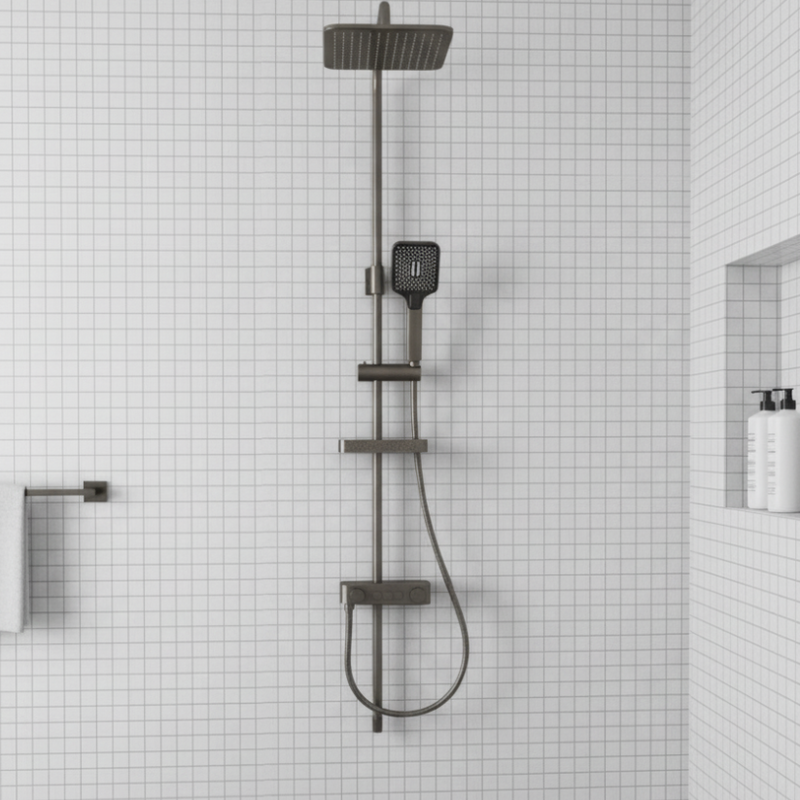 Ducha regadera para baño de cobre gris oscuro metalizado mate con cabezal cuadrado y grifería multifuncional moderna 110x30cm Set.