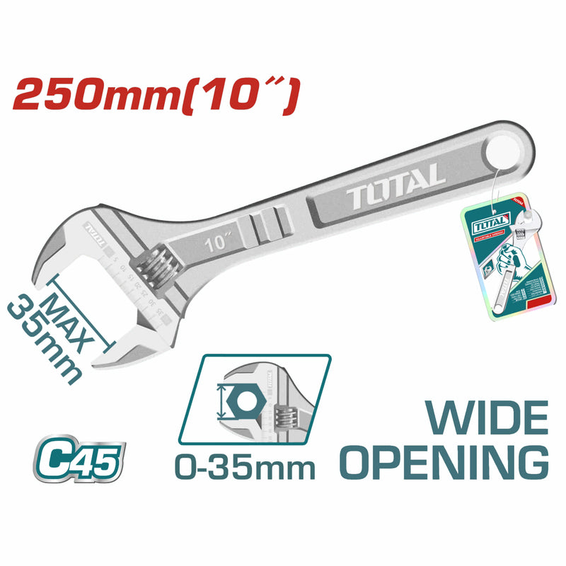 Llave ajustable. Longitud 250 mm (10"). Ajustable de 0-30 mm.