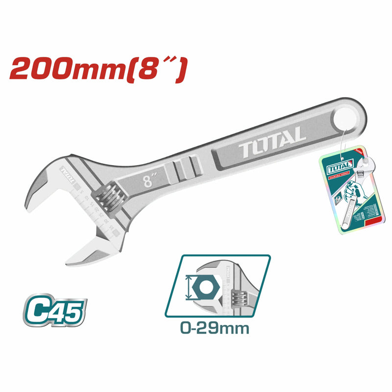 Llave ajustable. Longitud 200 mm (8"). Ajustable de 0-24 mm.