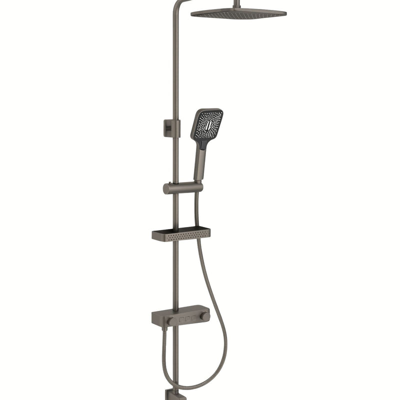 Ducha regadera para baño de cobre gris oscuro metalizado mate con cabezal cuadrado y grifería multifuncional moderna 110x30cm Set.