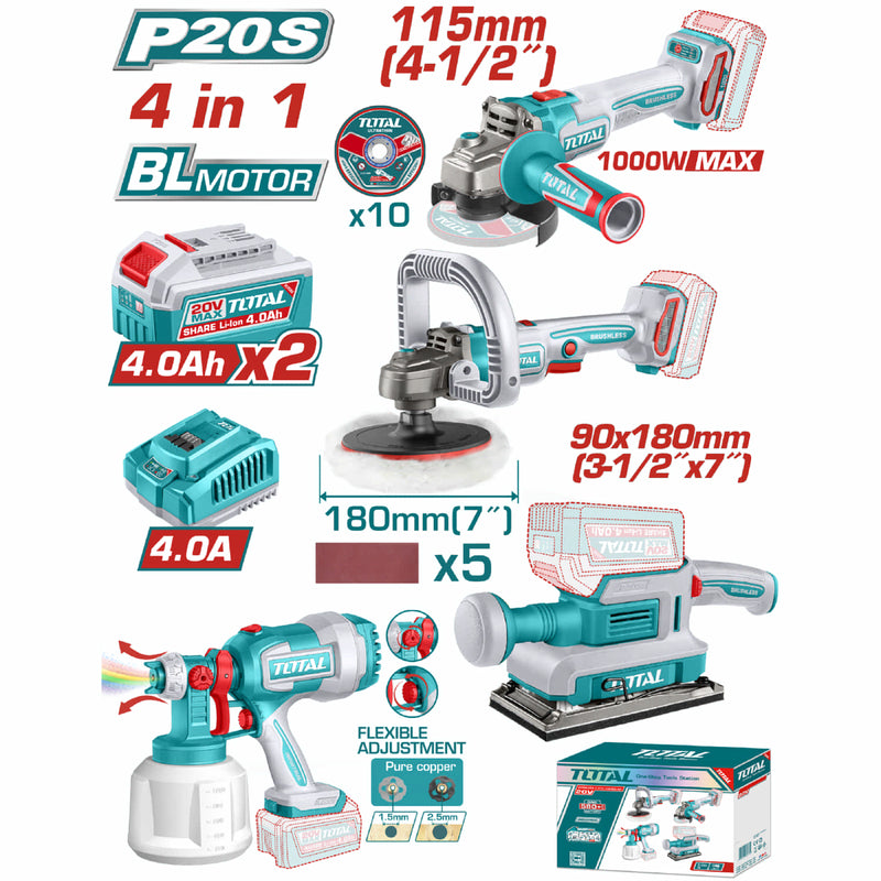 Combo del mes Total Inalámbrico. Esmeriladora angular 1000 W 4-1/2'', Pulidora inalámbrica 5/8''-11UNC, Lijadora 13000 rpm Pistola de Pintura 800ml  Incluye cargador y baterías. POCAS UNIDADES.