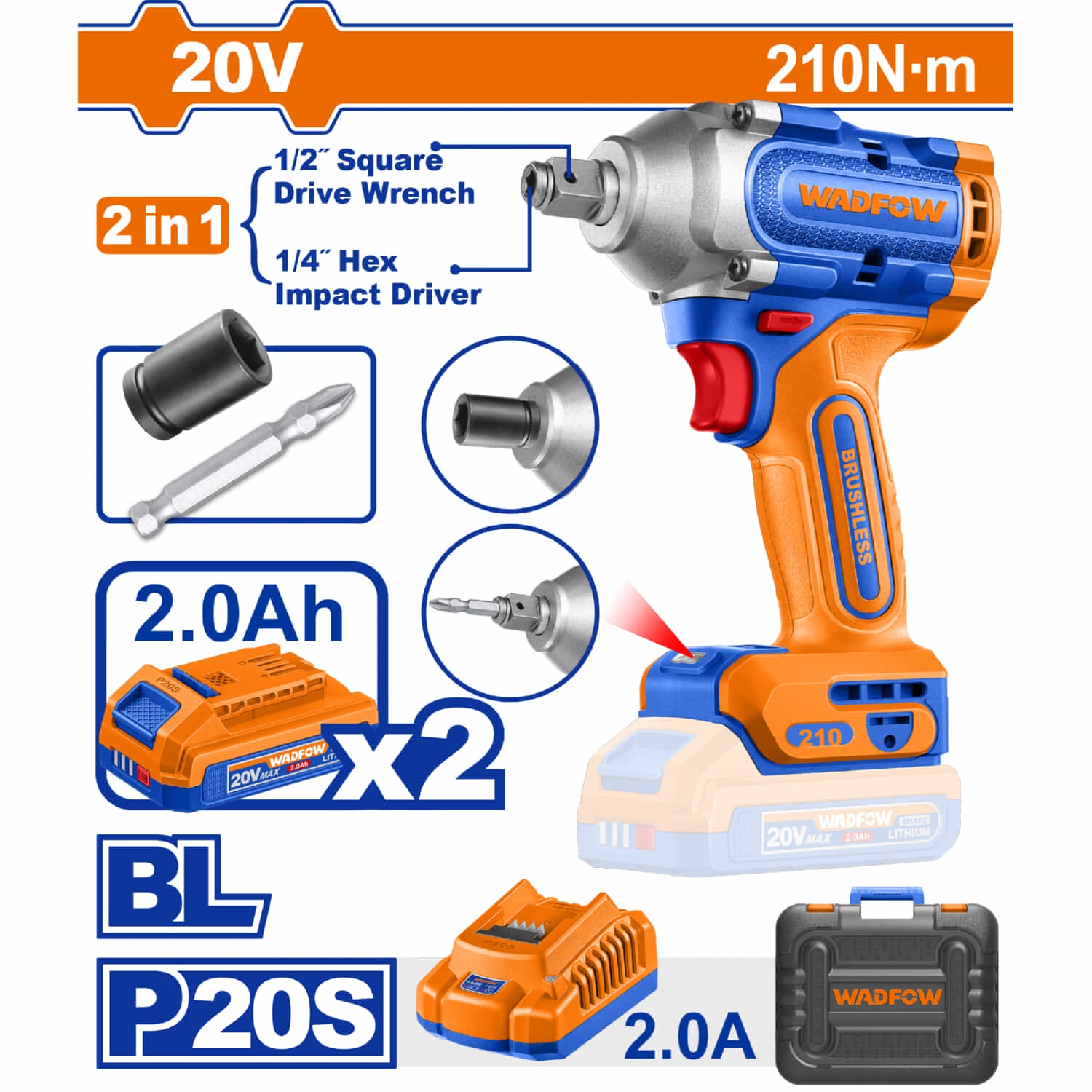 Llave de Impacto 1/2" de dado y puntas Hexagonales 1/4" 2 en 1 20V Motor sin escobillas. 210Nm. Velocidad sin carga 2600rpm Tasa de Impacto 2900bpm. Incluye batería y cargador.