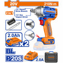 Llave de Impacto 1/2" de dado y puntas Hexagonales 1/4" 2 en 1 20V Motor sin escobillas. 210Nm. Velocidad sin carga 2600rpm Tasa de Impacto 2900bpm. Incluye batería y cargador.