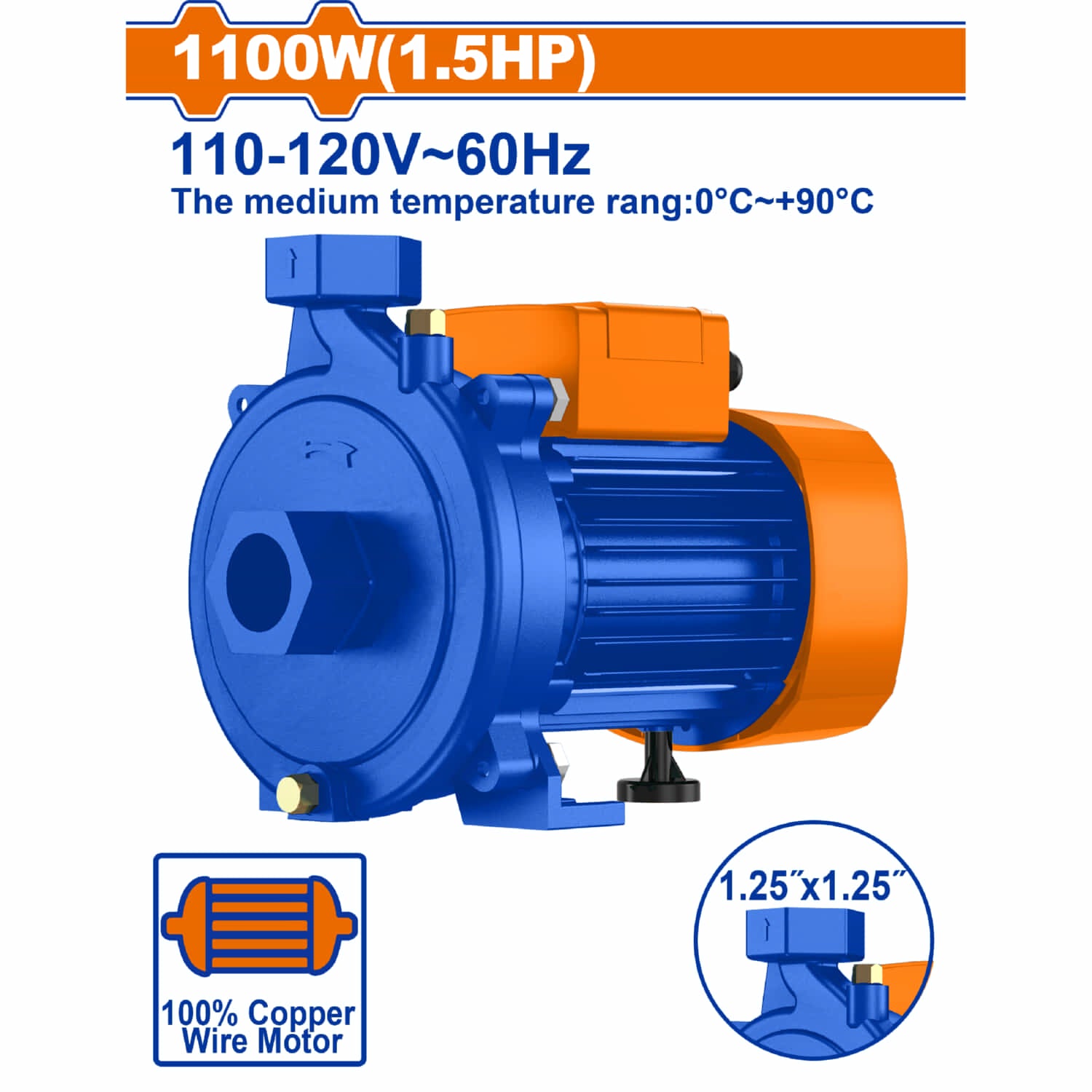 Bomba centrifuga de agua caliente 1100W Altura Maxima: 25m 208L/min 110-120V~60Hz Rango de temperatura 0~+90°C Succion 8m para tubo 1.2" x 1.2" Motor con cable de cobre.