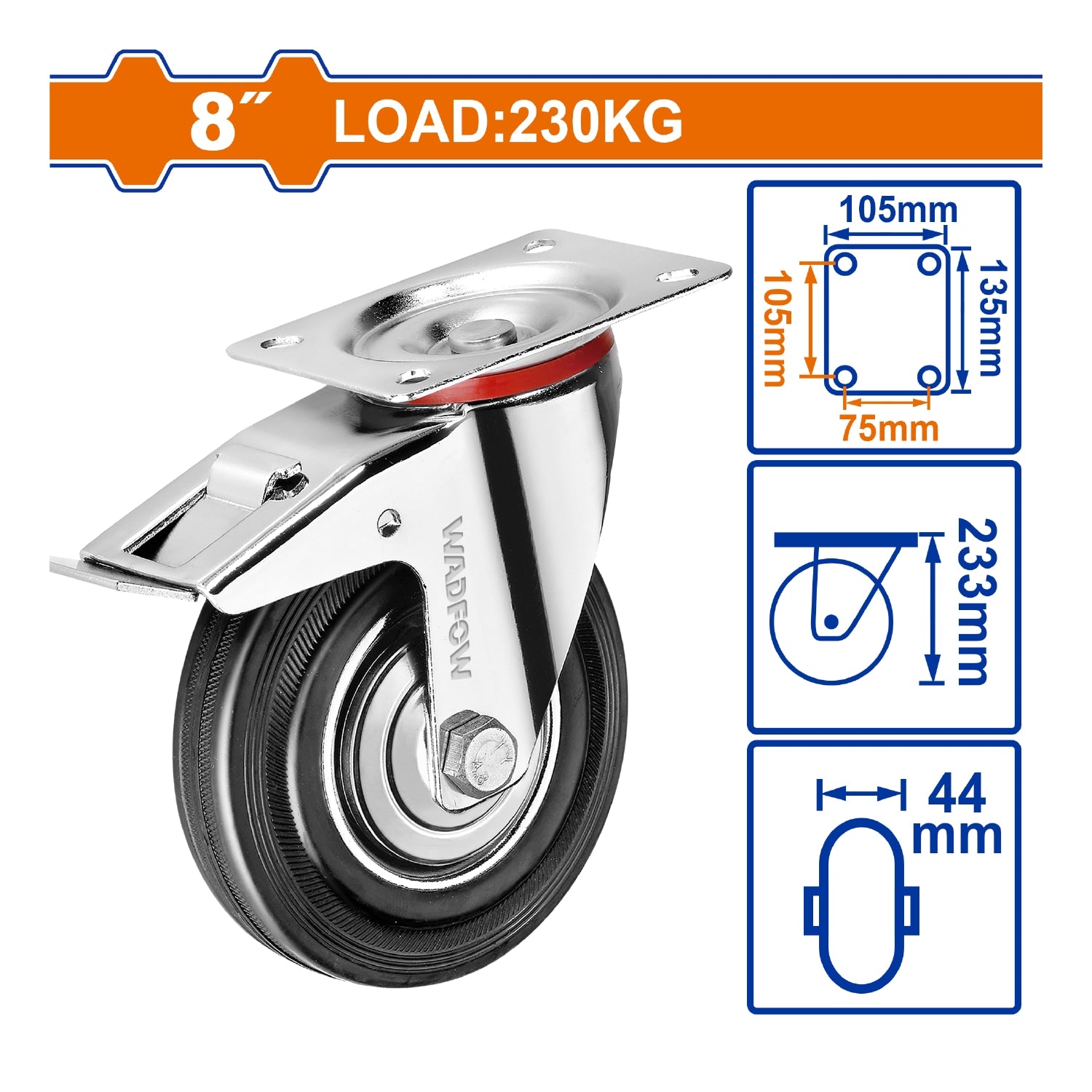 Rueda Giratoria con freno de 8" Serie trabajo pesado carga: 230kg rueda: Acero + goma